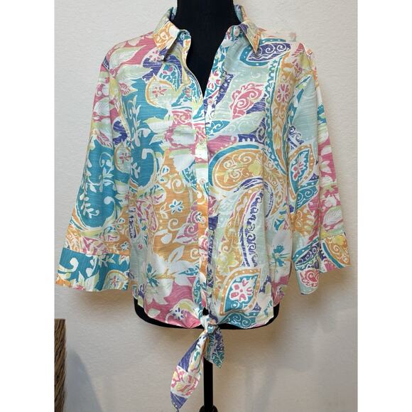 Chico's No-Iron Tie Front Colorful Floral Print Blouse 3/4 Sleeve Size 2 (L) - Picture 1 of 3